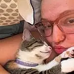 Glasses, Hand, Cat, Comfort, Felidae, Carnivore, Ear, Gesture, Small To Medium-sized Cats, Finger, Whiskers, Lap, Furry friends, Elbow, Beard, Domestic Short-haired Cat, Eyewear, Sitting, Hug, Facial Hair